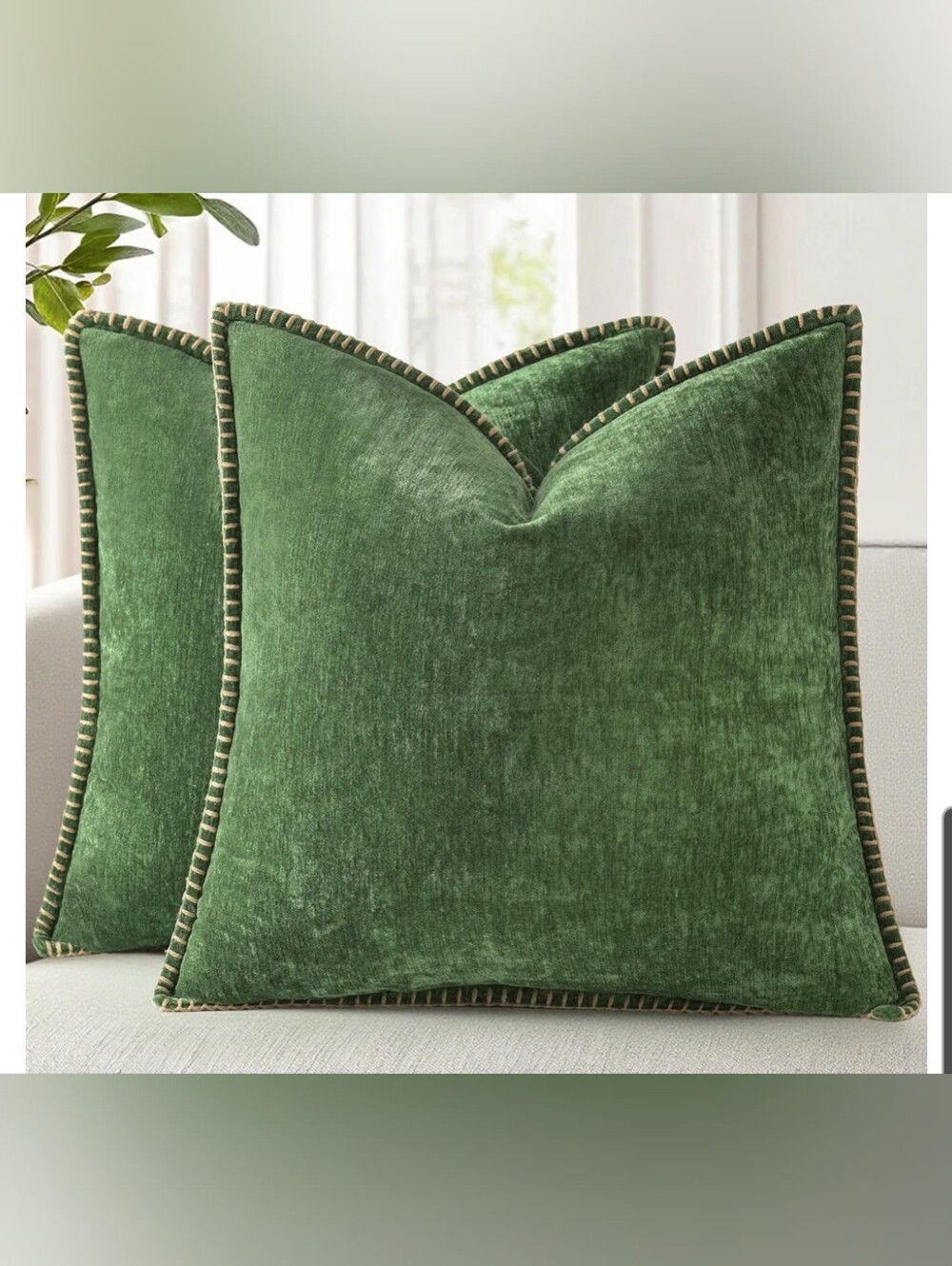 Plush Green Velvet Accent Pillow Covers with Contrast Whipstitch 18x18